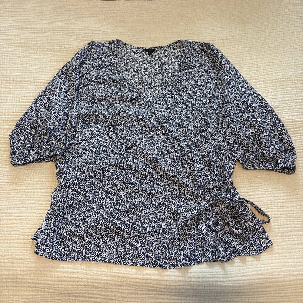 Talbots Faux Wrap Top Floral Ruched Sz 2X‎ Blue Feminine Coastal Office Church